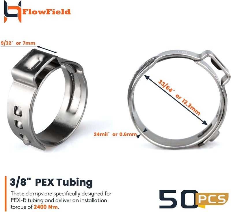 FlowField PEX Cinch Ear Hose Clamps, High Strength 304 Stainless Steel PEX Tubing Cinch Ring for PEX-b Tubing Pipe Fittings 3/8, 50Pcs - Image 2